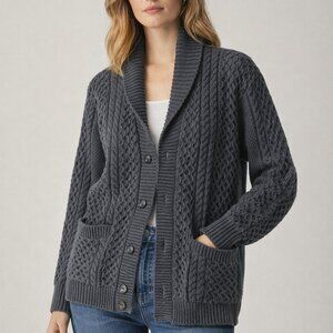 Gray Cable-Knit Shawl Collar Cardigan